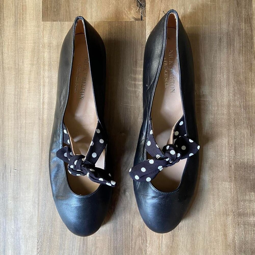 Nicky Hilton French Sole polka dot bow black leather ballet flats